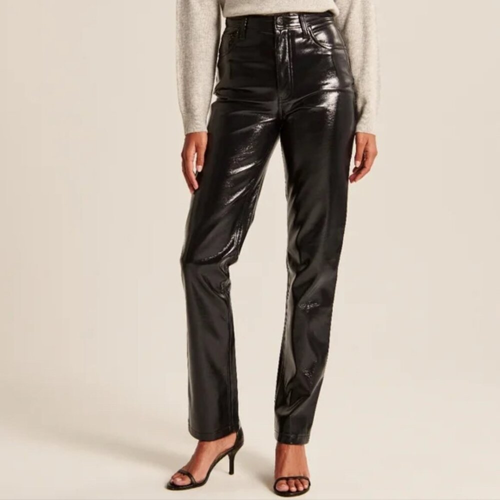 NWOT ABERCROMBIE & FITCH WOMEN'S FAUX LEATHER 90S BLACK PANTS SZ 6/28 CURVE LOVE